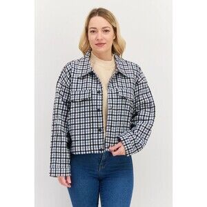 Sadie & Sage Flannel Check Crop Jacket Boxy Blue & Cream Snap Front Size Large
